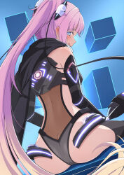 1girl :q absurdres anyoji_hime ass ass_focus black_cape black_leotard blonde_hair blue_eyes butt_crack cape commentary_request cosplay cube gradient_hair hair_ornament highres leotard link!_like!_love_live! long_hair looking_at_viewer looking_back love_live! median_furrow multicolored_hair official_alternate_costume ongeki pink_hair ponytail see-through_clothes see-through_leotard sitting smile solo takase_rio takase_rio_(cosplay) tongue tongue_out virtual_youtuber zanpon