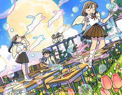 Rule 34 | 2boys, 3girls, :d, bilingual commentary, blowing bubbles, brown skirt, bubble, closed eyes, collared shirt, commentary, desk, english commentary, feathered wings, flower, full moon, grass, mixed-language commentary, moon, multiple boys, multiple girls, neck ribbon, noi pulaco, open mouth, original, pink flower, pink tulip, pleated skirt, red ribbon, ribbon, school desk, school uniform, shirt, shoes, short sleeves, skirt, smile, socks, tulip, watermark, white shoes, white socks, white wings, wing collar, wings, yellow flower, yellow tulip