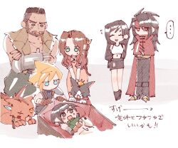 ... 3girls 5boys aerith_gainsborough animal armor armored_boots arms_behind_back barret_wallace beard black_footwear black_fur black_hair black_pants black_skirt blonde_hair blue_eyes blue_shirt blush boots braid braided_ponytail brown_eyes brown_gloves cait_sith_(final_fantasy) cat chibi cloak closed_eyes cloud_strife coffin crop_top crossed_arms crown dark-skinned_male dark_skin dog_tags dress earrings facial_hair facial_mark facial_scar feather_hair_ornament feathers final_fantasy final_fantasy_vii gloves green_eyes green_shirt hair_ornament headband jacket jewelry leaning_forward long_dress long_hair low-tied_long_hair lying midriff mini_crown miniskirt multiple_boys multiple_girls navel nitoya_00630a on_back open_mouth orange_eyes orange_fur pants pink_dress pink_ribbon pointy_footwear prosthetic_weapon puffy_short_sleeves puffy_sleeves red_cloak red_eyes red_hair red_headband red_jacket red_xiii ribbon scar scar_across_eye scar_on_cheek scar_on_face shinra_mansion shirt short_hair short_sleeves shoulder_armor single_braid single_shoulder_pad sitting skirt sleeveless sleeveless_shirt sleeveless_turtleneck speech_bubble suspenders sweatdrop tifa_lockhart torn_clothes torn_sleeves turtleneck two-tone_fur very_short_hair vincent_valentine white_fur white_gloves white_shirt yuffie_kisaragi