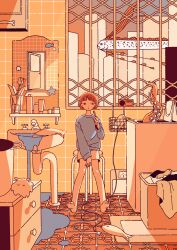 1girl absurdres bathroom chest_of_drawers creature faucet fish flower flying_fish full_body highres indoors laundry laundry_basket loaded_interior long_sleeves mirror mitsuki_sanagi orange_theme original radio short_hair shorts sink sitting solo tentacles tile_floor tiles wet_floor window