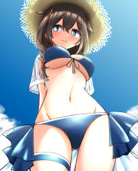 1girl bikini black_hair blue_bikini blue_eyes braid breasts frilled_bikini frills from_below front-tie_bikini_top front-tie_top gluteal_fold hair_flaps hair_over_shoulder hat highres kantai_collection large_breasts long_hair lowleg lowleg_bikini official_alternate_costume open_clothes open_shirt shigure_(kancolle) shigure_kai_san_(kancolle) shigure_kai_san_(swimsuit)_(kancolle) shirt side-tie_bikini_bottom single_braid solo straw_hat swimsuit underboob wada-kun white_shirt