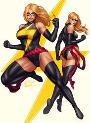 1girl 2dswirl ass blonde_hair blue_eyes boots breasts carol_danvers domino_mask elbow_gloves gloves groin_tendon highres large_breasts leotard long_hair looking_at_viewer marvel mask midriff ms._marvel sash scarf simple_background smile solo superhero_costume thighhighs
