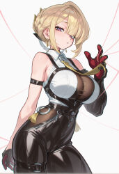 1girl absurdres akirai arm_strap black_pants blonde_hair breasts cameltoe chest_harness cleavage collared_shirt elbow_gloves evelyn_chevalier full_body gloves half_gloves harness high-waist_pants highres large_breasts latex_pants looking_at_viewer mole mole_on_breast mole_under_eye necktie pants parted_lips purple_eyes shirt single_elbow_glove single_half_glove string tight_clothes tight_pants white_shirt yellow_necktie zenless_zone_zero