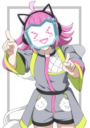 &gt;_&lt; 1girl :d absurdres ahoge blunt_bangs blunt_ends commentary cowboy_shot facing_viewer grey_jumpsuit highres index_fingers_raised jumpsuit kishimen_hair long_sleeves love_live! love_live!_nijigasaki_high_school_idol_club masked medium_hair open_mouth pink_hair rina-chan_board short_jumpsuit simple_background smile solo tennoji_rina tsunagaru_connect_(love_live!) uchuu_no_mozuku white_background xd