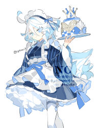 1girl ahoge alternate_costume apron blue_bow blue_eyes blue_hair blue_kimono blue_skirt bow cake colored_inner_hair commentary cyenmi3 enmaided feet_out_of_frame food frilled_apron frills furina_(genshin_impact) genshin_impact heterochromia highres holding holding_tray japanese_clothes kimono layered_skirt long_hair looking_at_viewer maid maid_headdress multicolored_hair pantyhose skirt smile solo thigh_strap tray twitter_username wa_maid watermark white_apron white_hair white_pantyhose