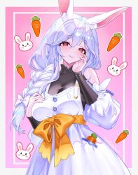 1girl animal_ear_fluff animal_ears artist_name blue_hair bow breasts carrot cleavage clip_studio_paint_(medium) closed_mouth dress drowsenss hair_between_eyes hair_bow hand_on_own_cheek hand_on_own_chest hand_on_own_face hololive long_braid long_hair long_sleeves multicolored_hair pekomama rabbit_ears rabbit_girl red_eyes sash see-through_cleavage see-through_clothes short_eyebrows solo streaked_hair virtual_youtuber white_bow white_dress white_hair yellow_sash
