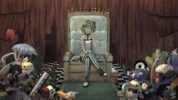 1girl absurdres baguette balloon bare_shoulders beer_bottle black_collar boombox bow bread collar computer crossed_legs crown curtains eggplant ekkoberry eyelashes fish flower flower_pot food fox_tail fruit gem green_eyes green_hair gumi hair_bow highres holding_own_leg ice_cream instrument katana keytar light_smile looking_at_viewer megaphone monster_(vocaloid) petite pineapple red_flower red_gemstone red_rose rose scabbard sheath solo spring_onion striped_clothes stuffed_animal stuffed_toy sword tail umbrella unworn_crown unworn_shoe vocaloid weapon