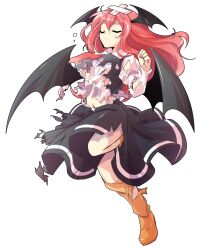 1girl alphes_(style) bandage_on_hair bat_wings black_dress black_vest black_wings boots breasts closed_eyes closed_mouth collared_shirt commentary_request dairi dress full_body head_wings koakuma large_variant_set leg_up long_hair long_sleeves medium_breasts midriff necktie orange_boots parody red_hair red_necktie shirt smile solo style_parody sweatdrop torn_boots torn_clothes torn_dress torn_shirt torn_sleeves torn_vest touhou transparent_background variant_set vest white_shirt wings
