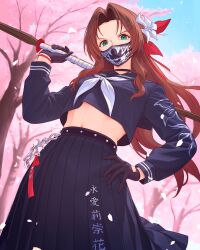 1girl absurdres aerith_gainsborough aerith_gainsborough_(midgard_seventh_high_school) black_choker black_gloves black_sailor_collar black_shirt black_skirt blue_sky brown_hair cherry_blossoms choker covered_mouth day final_fantasy final_fantasy_vii final_fantasy_vii_ever_crisis flower gloves green_eyes hair_flower hair_ornament hair_ribbon hand_on_own_hip highres holding holding_weapon long_hair long_sleeves mask masked midriff mouth_mask neckerchief official_alternate_costume outdoors petals pink_flower red_ribbon ribbon sailor_collar school_uniform shirt skirt sky solo truejekart very_long_hair weapon white_flower white_neckerchief