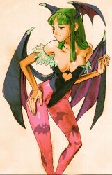 1girl animal_print bare_shoulders bat_print bat_wings bengus black_leotard breasts bridal_gauntlets capcom cleavage clothing_cutout darkstalkers demon_girl fur-trimmed_leotard fur_trim game_cg green_eyes green_hair hand_on_own_hip head_wings heart_cutout highleg highleg_leotard highres large_breasts leotard long_hair looking_to_the_side marvel_vs._capcom marvel_vs._capcom_2 morrigan_aensland non-web_source off-shoulder_leotard official_art pantyhose print_pantyhose purple_pantyhose purple_wings scan simple_background smile solo standing wings