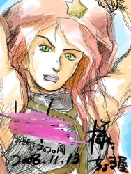 1girl araki_hirohiko_(style) armor arms_up blue_background breastplate commentary_request dated exp_mochi green_eyes hat hat_ornament jojo_no_kimyou_na_bouken lips long_hair looking_at_viewer man_face novice_(ragnarok_online) open_mouth parody pink_hair pink_hat ragnarok_online shirt sleeveless sleeveless_shirt solo star_(symbol) star_hat_ornament style_parody upper_body