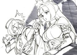2girls animal_ears belle_(zenless_zone_zero) blunt_bangs breasts crossed_legs fingerless_gloves food fox_ears fox_girl gauntlets gloves highres hoshimi_miyabi large_breasts long_hair looking_ahead looking_at_another multiple_girls necktie open_mouth popcorn rikizo short_hair sidelocks single_fingerless_glove sitting sketch sweatdrop zenless_zone_zero