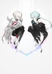 Rule 34 | 2girls, ada (synduality), ankle boots, black boots, black gloves, black jacket, black leggings, black pants, boots, brown hair, chromatic aberration, closed eyes, closed mouth, cyber fashion, dress, gloves, green hair, high heels, highres, hood, hooded jacket, jacket, knees to chest, knees up, leggings, multiple girls, neco, noir (synduality), off shoulder, official art, own hands clasped, own hands together, pants, short hair, short hair with long locks, symmetrical pose, symmetry, synduality, white boots, white dress, white gloves, white hair, white jacket