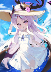 1girl 9nu :d absurdres adjusting_clothes adjusting_headwear ahoge alternate_costume blue_archive blue_sky blurry bracelet casual clothes_lift cloud cloudy_sky commentary_request demon_girl demon_horns demon_wings depth_of_field dress dress_lift forehead frilled_dress frills halo hat highres hina_(blue_archive) horns jewelry lifting_own_clothes long_hair looking_at_viewer ocean open_mouth outdoors parted_bangs purple_eyes see-through_clothes sidelocks sky smile solo straw_hat sundress wavy_hair wet wet_clothes white_dress white_hair wings