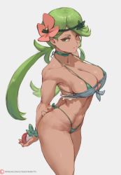 1girl arm_behind_back ass back bare_back bikini black_bikini breasts cleavage cloud covered_erect_nipples cowboy_shot curvy cutesexyrobutts dark-skinned_female dark_skin day eyelashes female_focus flower green_bikini green_eyes green_hair hair_flower hair_ornament highleg highleg_swimsuit highres hip_focus huge_ass large_breasts light_smile long_hair looking_at_viewer looking_back looking_down mallow_(pokemon) micro_bikini narrow_waist navel nintendo nipples no_bra panties parted_lips poke_ball poke_ball_(basic) pokemon pokemon_sm ponytail pulling_own_clothes reversed shirt sideboob smile solo string_pull swept_bangs swimsuit tan tanline thick_thighs thighs thong thong_bikini toned trial_captain twintails underboob underwear very_long_hair watermark web_address wedgie wide_hips