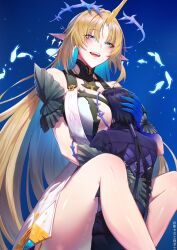 1boy 1girl absurdres bare_shoulders between_breasts black_collar black_hair black_jacket blonde_hair blue_background blue_eyes blue_hair breasts chinese_commentary collar colored_inner_hair commentary_request crown_of_thorns earrings face_between_breasts fleurdelys_(wuthering_waves) floating_earrings head_between_breasts highres horns hug jacket jewelry large_breasts long_hair looking_at_viewer male_rover_(wuthering_waves) multicolored_hair necklace open_mouth parted_bangs pointy_ears rover_(wuthering_waves) single_horn skaven_gongcheng_shushi smile tabard tacet_mark_(wuthering_waves) thighs very_long_hair white_tabard wuthering_waves yellow_horns