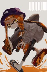 1girl braid bucket_hat earrings flip-flops full_body glint grey_background grey_sweater hat highres holding holding_weapon hoop_earrings hwtr_06 ink inkling inkling_girl inkling_player_character jewelry long_hair nintendo orange_hair paint parted_lips pointy_ears print_hat purple_hat s-blast_(splatoon) sandals single_braid single_earring sleeves_past_wrists solo splatoon_(series) splatoon_3 sweater tentacle_hair weapon yellow_eyes