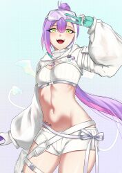 1girl :d absurdres bandeau belt breasts buckle character_name contrapposto demon_tail demon_wings drunktatsu gloves goggles goggles_on_head gradient_hair green_eyes highres hip_tattoo hololive hooded_shrug long_hair long_sleeves looking_at_viewer melting_tail midriff multicolored_hair navel navel_piercing open_mouth piercing pink_hair ponytail purple_hair ribbed_bandeau see-through_clothes see-through_sleeves shorts shrug_(clothing) small_breasts smile snap-fit_buckle solo stomach tail thigh_belt thigh_strap tokoyami_towa tokoyami_towa_(cyberpunk) two-sided_gloves v very_long_hair virtual_youtuber white_bandeau white_belt white_gloves white_shorts white_shrug white_tail winged_heart_tattoo wings zipper_pull_tab