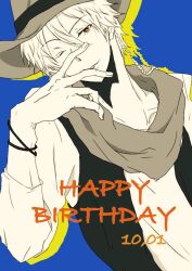 1boy alicein_mikuni blue_background braid cowboy_hat grey_scarf happy_birthday hat male_focus monochrome one_eye_closed orange_eyes scarf servamp short_hair side_braid white_hair xxx9u29