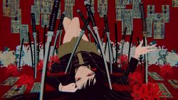 1girl absurdres black_hair black_jacket brown_skirt closed_mouth crossed_legs earrings flower gloves highres jacket jewelry katana knees_up long_hair long_sleeves looking_at_viewer lying military_jacket ofuda on_back original planted planted_sword planted_weapon pleated_skirt red_eyes red_flower skirt smile solo spider_lily sword tassel tassel_earrings upside-down very_long_hair washiya0 weapon white_flower white_gloves