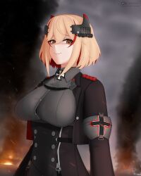 1girl absurdres artist_name azur_lane blackwellkarsferatu blonde_hair breasts brown_eyes closed_mouth cross fire grey_sky highres iron_cross large_breasts looking_at_viewer multicolored_hair red_hair red_streaks roon_(azur_lane) shaded_face short_hair sky smile smoke solo streaked_hair
