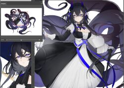 1girl :| art_program_in_frame black_dress black_hair chest_belt cleavage_cutout closed_mouth clothing_cutout corset crossed_bangs detached_sleeves dress frilled_sleeves frills full_body gloves hair_between_eyes hair_ribbon holding holding_polearm holding_weapon horns lance layered_dress long_hair looking_at_viewer multiple_views neck_ribbon original polearm projected_inset purple_eyes ribbon simple_background solo tentacles very_long_hair weapon white_background white_dress white_gloves yoimon