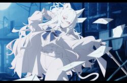 1girl absurdres akira_(blue_archive) animal_ear_fluff animal_ears belt blue_archive cane_gun cat_ears cat_girl cat_tail coat colored_eyelashes dusk_ming eye_mask formal_clothes gloves halo hand_on_cane high-waist_pants highres holding holding_mask mask pants phantom_thief solo suit tail white_belt white_coat white_eyelashes white_gloves white_pants white_suit