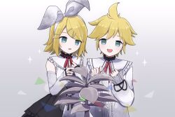 1boy 1girl 25-ji_len 25-ji_rin :d :o bare_shoulders blonde_hair bow_hairband brother_and_sister buttons center_frills collared_shirt commentary_request cross-laced_clothes cross-laced_dress detached_sleeves dress flipped_hair frilled_shirt_collar frilled_sleeves frills gradient_background green_eyes grey_background grey_sleeves hair_flaps hair_ornament hairband hand_on_own_chest hands_up hatoba_(hatoba_yado) highres kagamine_len kagamine_rin leaf long_sleeves neck_ribbon open_mouth pale_skin plant project_sekai puffy_long_sleeves puffy_sleeves red_ribbon ribbon shirt short_hair siblings simple_background sleeveless sleeveless_shirt sleeves_past_wrists smile sparkle swept_bangs triangle twins upper_body vocaloid white_background white_dress white_hairband white_shirt