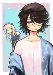 2girls arms_behind_back bad_id bad_twitter_id black_dress black_hair black_hairband black_headwear blonde_hair blue_jacket blush bukimi_isan closed_eyes closed_mouth collarbone commentary_request dress flying_sweatdrops frown glasses green_background hairband jacket koishikawa_iko long_hair long_sleeves looking_at_another looking_at_viewer momijiyama_teru multiple_girls off_shoulder short_hair short_sleeves shy_(series) sweat sweatdrop upper_body white_background