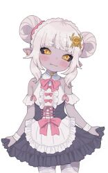 1girl :3 bare_shoulders black_sclera closed_mouth colored_sclera cowboy_shot dark_skin double_bun dress earrings fang fang_out frilled_dress frills grey_hair hair_bun hair_ornament highres indie_virtual_youtuber jewelry kumogorogoro looking_at_viewer pointy_ears possummachine simple_background skull_hair_ornament solo spider_hair_ornament thick_eyebrows thighhighs virtual_youtuber white_background white_thighhighs yellow_eyes