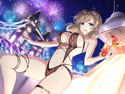 1girl :d aerial_fireworks animal_print arch blonde_hair blue_eyes blush boat breasts bridge city city_lights cleavage cruise_ship drinking_straw eyewear_on_head female_focus fireworks flower food fruit glass glasses haruka_(senran_kagura) highres large_breasts leopard_print leotard looking_at_viewer navel night night_sky official_art open_mouth orange_(fruit) orange_slice senran_kagura senran_kagura_new_link ship short_hair sky smile solo sparkle splashing star_(sky) starry_sky underboob water watercraft window yaegashi_nan