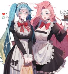 2girls :d absurdres alternate_costume apron bag black_choker black_dress blonde_hair blue_hair blush bow bowtie breasts cake choker cleavage dress english_text enmaided food frilled_apron frilled_dress frills green_eyes highres holding holding_bag holding_plate large_breasts league_of_legends long_hair maid maid_apron maid_headdress mcdonald&#039;s multiple_girls noodychaan open_mouth pink_hair plate red_bow red_bowtie seraphine_(league_of_legends) smile sona_(league_of_legends) teeth twintails twitter_strip_game waist_apron