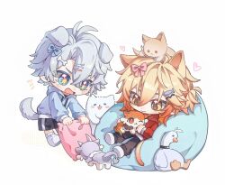 Rule 34 | 2boys, animal, animal ears, animal on head, antenna hair, black pants, black shorts, blonde hair, blue eyes, blue hoodie, braid, cat, cat boy, cat ears, cat on head, cat tail, chibi, chimera (honkai: star rail), creature, dog, dog boy, dog ears, dog tail, fig stew (honkai: star rail), gradient hair, hair between eyes, highres, holding, holding creature, holding pillow, honkai: star rail, honkai (series), hood, hoodie, jxunnnno, male focus, medium hair, multicolored hair, multiple boys, mydei (honkai: star rail), on head, pants, parted bangs, phainon (honkai: star rail), phainon (vigethos) (honkai: star rail), pillow, red hair, red hoodie, shoes, short hair, shorts, side braid, simple background, sitting, tail, white background, white hair, white shoes, yellow eyes