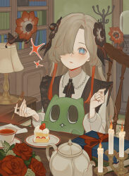 1girl absurdres alternate_costume apron black_apron black_dress blonde_hair blue_eyes blush book bookshelf cake candle chair cup desk_lamp dress familiar flower flower_ornament food fork gomidasu_(kamitsubaki_studio) hair_over_one_eye highres holding holding_fork isekaijoucho kamitsubaki_studio lamp long_sleeves multicolored_hair napkin neck_ribbon red_hair ribbon rose saucer shelf sidelocks strawberry_shortcake table tea teacup virtual_youtuber wooden_chair wooden_table zudxpnz
