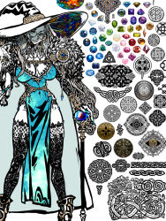 1girl blue_gemstone breasts cloak dress gem glasses green_eyes green_gemstone hat highres jewelry kahadu_(kawazu) large_breasts original pelt pelvic_curtain red_gemstone round_eyewear scepter sigil smile solo tagme thighhighs witch_hat