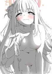 1girl angel_wings blue_archive blush breasts closed_mouth collarbone commentary_request completely_nude danshakubaron feathered_wings flower greyscale hair_bun hair_flower hair_ornament hair_ribbon halo highres long_hair looking_at_viewer low_wings mika_(blue_archive) monochrome navel nipples nude partial_commentary pink_halo pussy_juice pussy_juice_on_fingers ribbon simple_background single_side_bun smile spot_color stomach thighs white_background wings