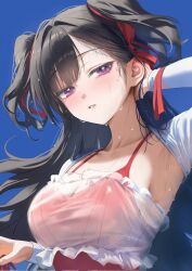 1girl armpits ballerina ballet bangsom black_hair blush breasts cleavage collarbone hair_ribbon highres large_breasts long_hair looking_at_viewer maya_(bangsom) mole mole_under_eye original parted_lips purple_eyes red_ribbon red_tank_top ribbon see-through_clothes shrug_(clothing) sweat sweatdrop tank_top teeth upper_body