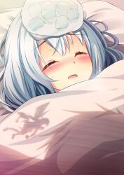 Rule 34 | 1girl, akine (kuroyuri), bed sheet, bemani, blush, close-up, closed eyes, heavy breathing, highres, hiyuki-chan, ice, ice cube, ice pack, lying, pillow, solo, sound voltex, white hair