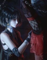 1boy 1girl absurdres arms_up bare_shoulders black_hair breasts chain closed_mouth coat commentary earrings elbow_pads english_commentary female_rover_(wuthering_waves) highres jewelry jvn long_hair looking_at_another low_ponytail medium_breasts ponytail red_coat rover_(wuthering_waves) scar_(wuthering_waves) triangle_earrings upper_body white_hair wuthering_waves yellow_eyes