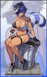 1girl absurdres arm_tattoo artist_name baseball_cap bikini black_bikini black_gloves black_hat blue_bikini blue_eyes blue_hair blue_nails collarbone covered_erect_nipples fingerless_gloves gloves hair_over_one_eye hat highres indie_virtual_youtuber linea_alba multicolored_bikini navel o-ring o-ring_bikini o-ring_thigh_strap open_mouth raccoon_girl raccoon_tail shoes sitting smile snake_tattoo sneakers snuffy_(vtuber) steve_chopz striped_tail sweat swimsuit tail tan tattoo thigh_strap trash_can two-tone_bikini virtual_youtuber