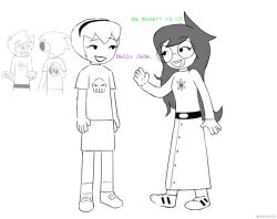 2girls belt black_lips buck_teeth dave_strider english_text headband homestuck jade_harley john_egbert multiple_girls non-web_source rose_lalonde round_eyewear source_request teeth