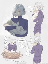 Rule 34 | 1boy, 1other, absurdres, alternate hairstyle, baby, bags under eyes, black eyes, blonde hair, carrying, child carry, cradle, dungeon meshi, elf, grey background, grey hair, hair ribbon, highres, lazy eye, looking at another, mithrun, momite (3sita yarou), multiple views, notched ear, pointy ears, ponytail, purple tunic, ribbon, short hair, simple background, speech bubble, tunic, uneven eyes, wavy hair