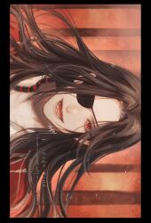 Rule 34 | 1boy, artist name, bishounen, black border, black hair, border, braid, chinese clothes, eyepatch, floating hair, hanfu, highres, hua cheng, jewelry, long hair, looking at viewer, male focus, necklace, ojisan rbt, one eye covered, open mouth, outside border, portrait, red eyes, red hanfu, side braid, sideways, single braid, smile, solo, teeth, tianguan cifu, twitter username, upper body, watermark