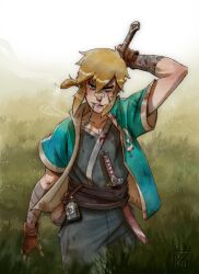 1boy bandaged_arm bandages belt_pouch blonde_hair blood blood_on_clothes blue_eyes bottle brown_gloves david_tako fingerless_gloves gloves grass grey_pants grey_shirt happi highres holding holding_sword holding_weapon japanese_clothes link looking_at_viewer low_ponytail medium_hair nintendo nose_tape nosebleed outdoors pants pipe_in_mouth ponytail pouch sash sheath sheathed shirt sidelocks signature smoking smoking_pipe solo super_smash_bros. sword sword_on_back tall_grass the_legend_of_zelda the_legend_of_zelda:_breath_of_the_wild triforce waist_sash weapon weapon_on_back