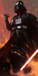 1boy absurdres armor black_cape black_gloves black_helmet cape darth_vader david_otalora energy_sword fire gloves helmet highres lightsaber red_lightsaber solo star_wars sword weapon
