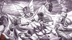 1girl 3boys asymmetrical_dual_wielding aviator_cap boots brazier cape commentary_request cousins dragon_quest dragon_quest_ii dual_wielding erdrick&#039;s_shield fangs fighting fins floating_clothes gloves greyscale hargon head_fins holding holding_shield holding_staff holding_sword holding_weapon hood jewelry mage_staff magic monochrome multiple_boys necklace open_mouth prince_of_lorasia prince_of_samantoria princess_of_moonbrook rapier robe roto&#039;s_emblem shield size_difference staff sword titan_g_bubo weapon