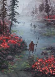 4others ambiguous_gender arnaerr artist_name commentary elden_ring elden_ring:_shadow_of_the_erdtree english_commentary flower highres holding holding_weapon in-universe_location multiple_others outdoors pine_tree red_flower reflection ripples rock standing tarnished_(elden_ring) tree wading watermark weapon