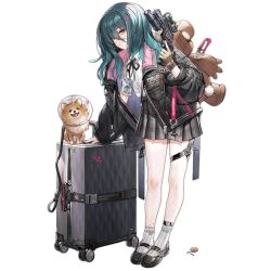 1girl animal aqua_hair arm_support black_jacket black_ribbon black_shoes black_skirt brown_gloves closed_mouth dog expressionless fingerless_gloves full_body girls&#039;_frontline gloves gun hair_between_eyes hair_ornament hairclip handgun holding holding_gun holding_weapon id_card jacket knife lanyard leash long_hair long_sleeves looking_at_viewer m327_(girls&#039;_frontline) mary_janes neck_ribbon official_art pet pet_cone plaid_clothes plaid_skirt pleated_skirt pomeranian_(dog) popped_button red_eyes revolver ribbon rolling_suitcase scope shirt shoes simple_background skirt sleeveless sleeveless_shirt smith_&amp;_wesson_m327 socks solo standing stuffed_animal stuffed_toy suitcase teddy_bear thigh_strap third-party_source transparent_background trigger_discipline weapon white_shirt white_socks whoisshe zipper
