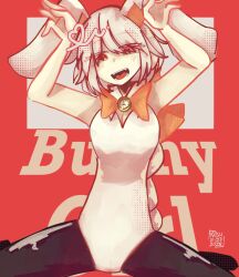 1girl animal_ears arm_up black_socks black_souls black_souls_2 braid breasts brooch cleavage_cutout clothing_cutout detached_collar english_text fangs fangs_out highres invisible_chair jewelry leotard light_blush looking_down node_(black_souls) open_mouth orange_ribbon playboy_bunny pocket_watch rabbit_ears rabbit_girl raisutea red_background red_eyes ribbon sharp_teeth sidelocks signature single_braid sitting socks solo strapless strapless_leotard teeth thighhighs wariza watch white_background white_hair white_leotard
