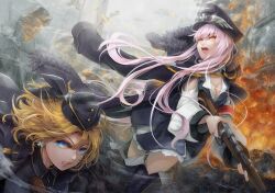Rule 34 | 2girls, a.tong, armband, bare shoulders, battle, black boots, black bow, black coat, black hat, black shirt, black skirt, blonde hair, blue eyes, boots, bow, cellphone, city, clenched teeth, clothing cutout, cloud, cloudy sky, coat, coat on shoulders, collared shirt, cowboy shot, cross, cross print, day, debris, embers, explosion, eyelashes, floating clothes, floating hair, fur-trimmed hood, fur trim, g43 (girls&#039; frontline), girls&#039; frontline, glowing, glowing eye, gun, hair over shoulder, hat, hat bow, holding, holding gun, holding weapon, hood, hood down, hooded coat, kar98k (girls&#039; frontline), lace, lace-trimmed skirt, lace trim, layered skirt, lips, long hair, long sleeves, looking to the side, military hat, military uniform, mini hat, miniskirt, multiple girls, open mouth, outdoors, peaked cap, phone, pink eyes, pink hair, pink lips, puffy long sleeves, puffy sleeves, red armband, ruins, shirt, short hair, shotgun, shoulder cutout, skirt, sky, smoke, teeth, thigh boots, upper body, very long hair, war, wavy hair, weapon, white shirt, white skirt, wing print